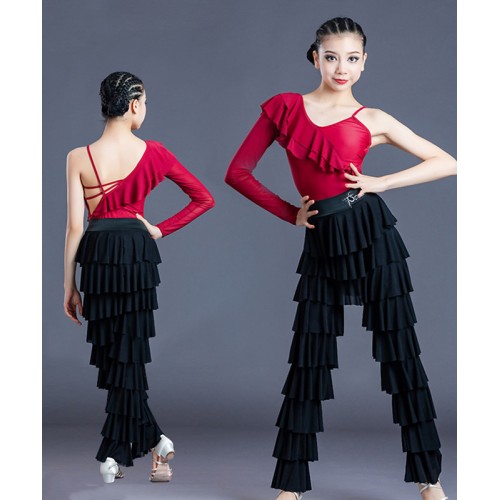 Children black with wine latin dance costume long latin ruffles Pants Girls Latin dance practice clothes ballroom competition performance outfits